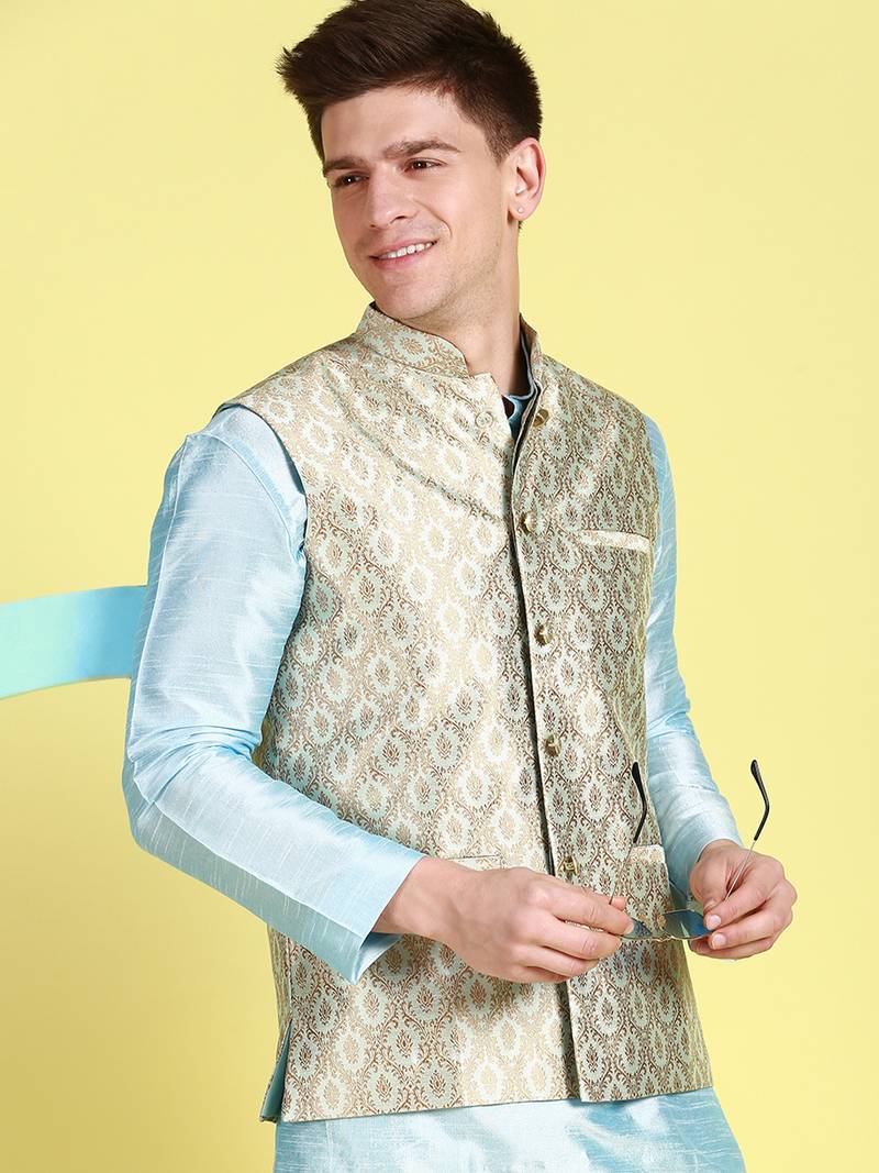 Sanwara Men Sky Blue Floral Straight Bandi Jacket with Kurta & Churidar