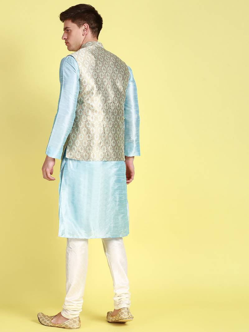 Sanwara Men Sky Blue Floral Straight Bandi Jacket with Kurta & Churidar