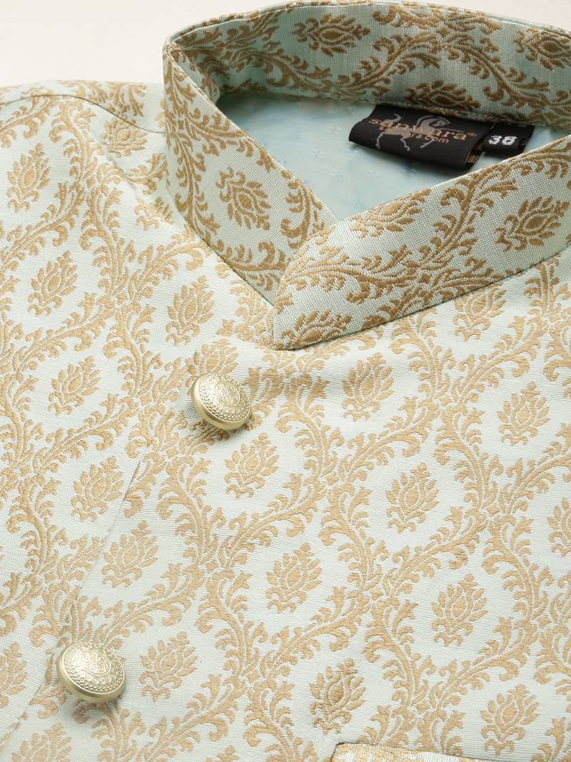 Sanwara Men Sky Blue Floral Straight Bandi Jacket with Kurta & Churidar