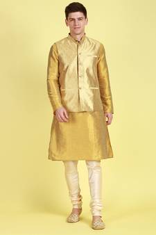 Sanwara Men Peach Floral Straight Bandi Jacket with Kurta & Churidar