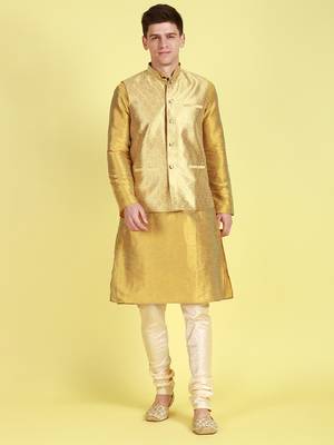 Sanwara Men Peach Floral Straight Bandi Jacket with Kurta & Churidar 1