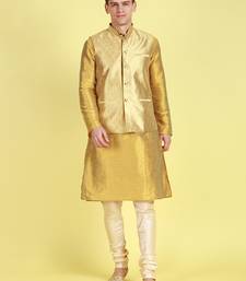 Sanwara Men Peach Floral Straight Bandi Jacket with Kurta & Churidar