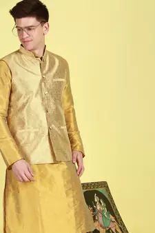Sanwara Men Peach Floral Straight Bandi Jacket with Kurta & Churidar