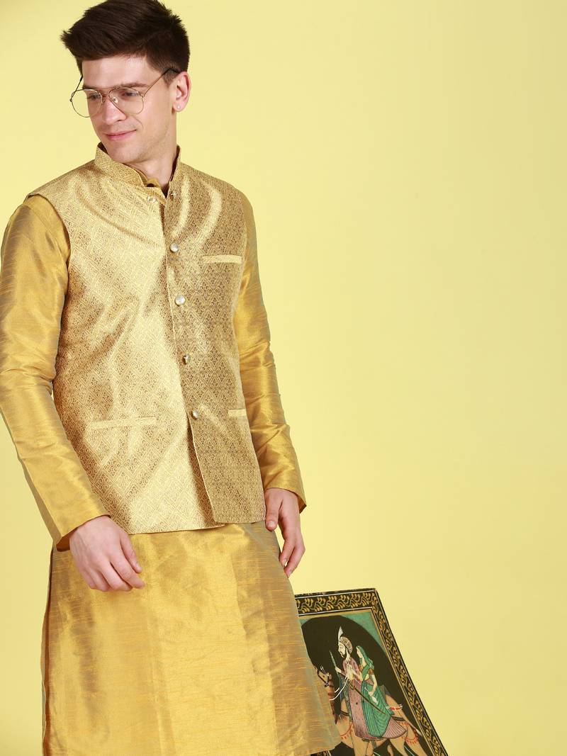 Sanwara Men Peach Floral Straight Bandi Jacket with Kurta & Churidar