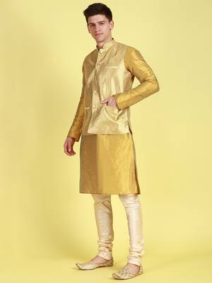 Sanwara Men Peach Floral Straight Bandi Jacket with Kurta & Churidar 3
