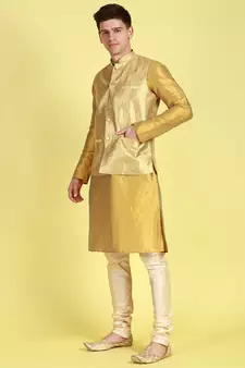 Sanwara Men Peach Floral Straight Bandi Jacket with Kurta & Churidar