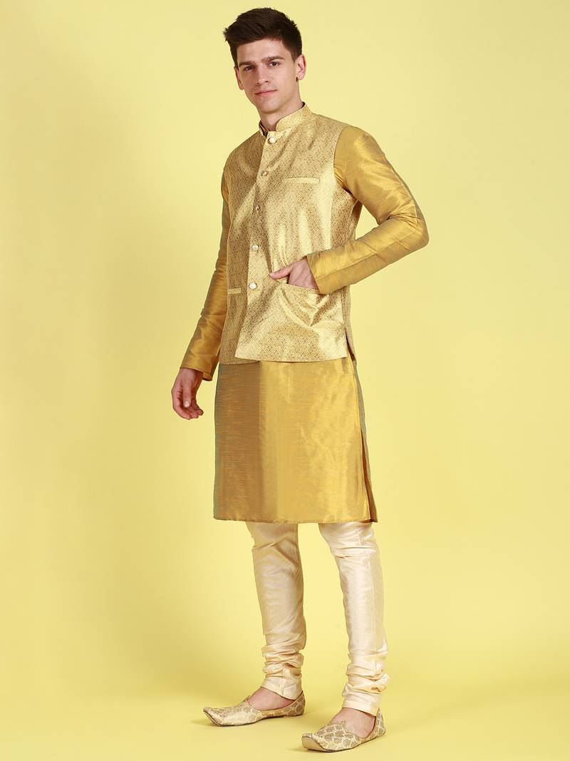 Sanwara Men Peach Floral Straight Bandi Jacket with Kurta & Churidar
