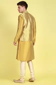 Sanwara Men Peach Floral Straight Bandi Jacket with Kurta & Churidar