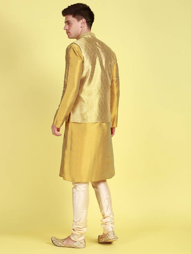 Sanwara Men Peach Floral Straight Bandi Jacket with Kurta & Churidar