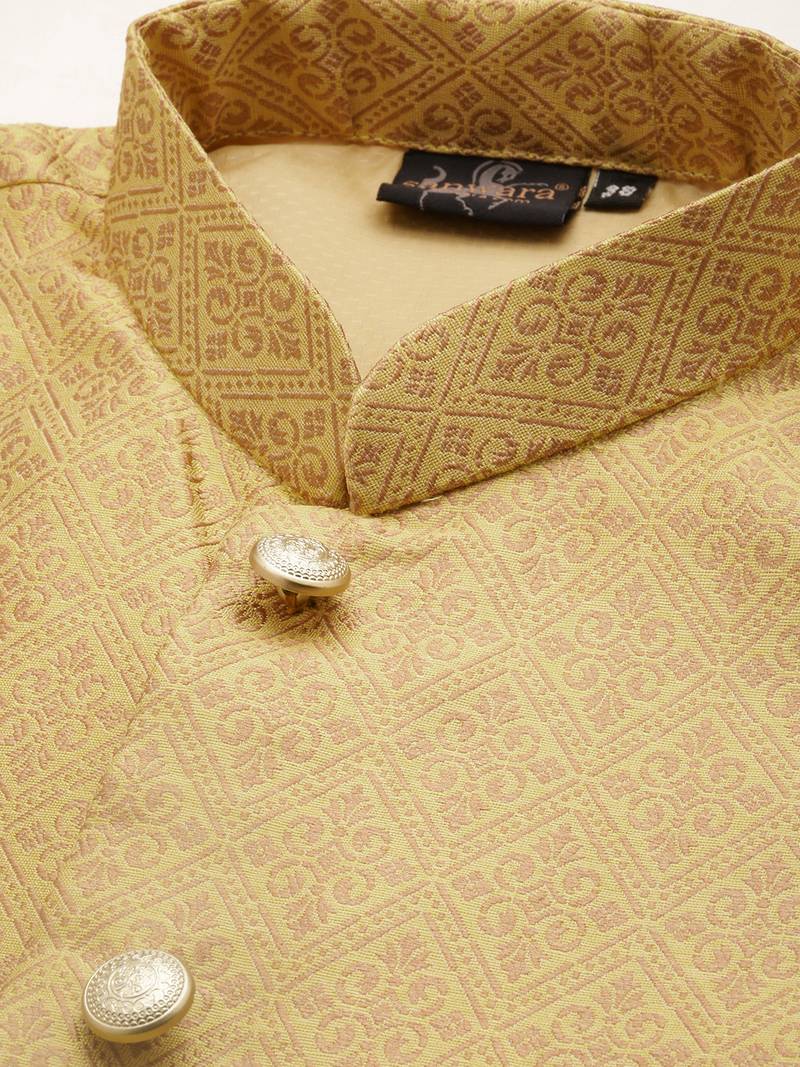 Sanwara Men Peach Floral Straight Bandi Jacket with Kurta & Churidar