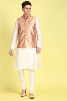 Sanwara Men Yellow Floral Straight Bandi Jacket with Kurta & Churidar