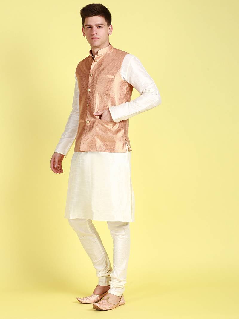 Sanwara Men Yellow Floral Straight Bandi Jacket with Kurta & Churidar