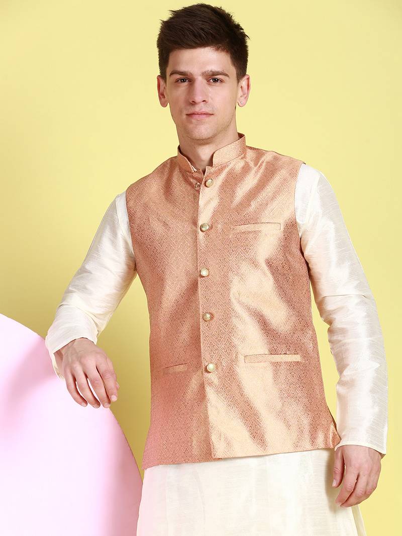 Sanwara Men Yellow Floral Straight Bandi Jacket with Kurta & Churidar