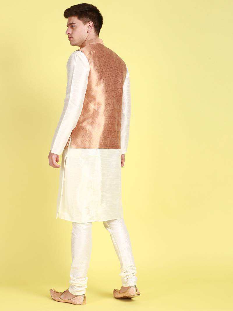 Sanwara Men Yellow Floral Straight Bandi Jacket with Kurta & Churidar