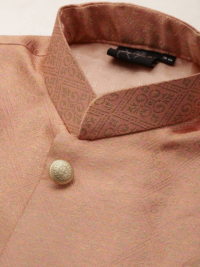 Sanwara Men Yellow Floral Straight Bandi Jacket with Kurta & Churidar