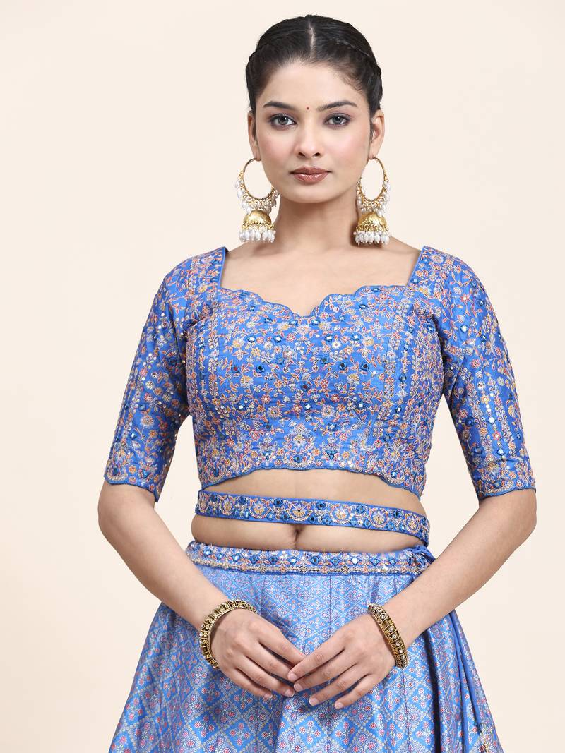 Multi Colour Embroidered Silk Traditional Lehnga Choli with Blouse Free Size