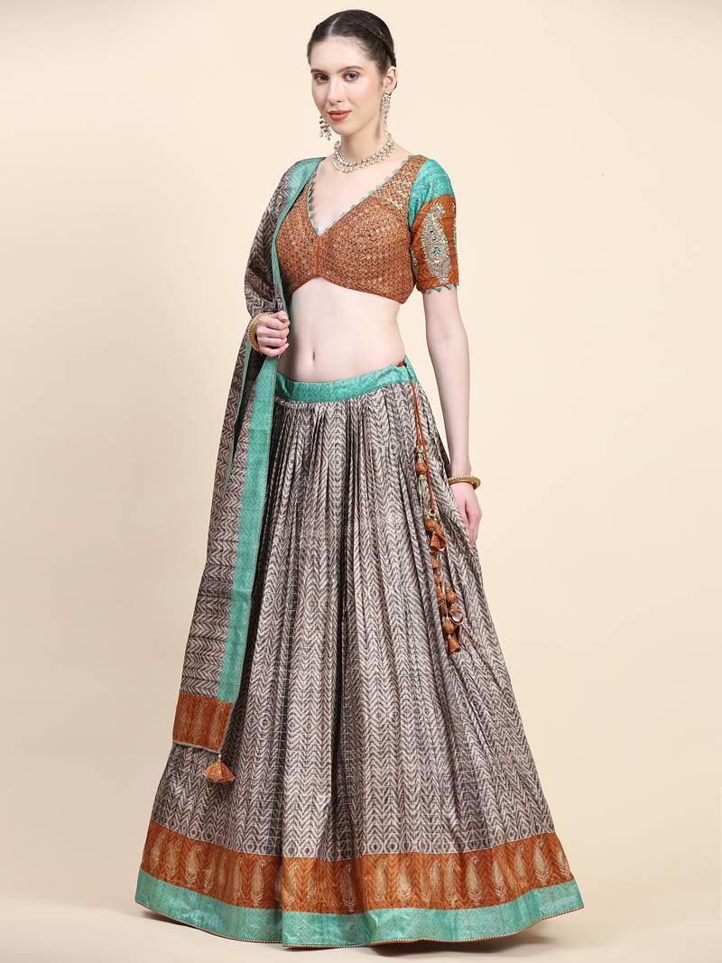 Multi Colour Embroidered Silk Traditional Lehnga Choli with Blouse Free Size