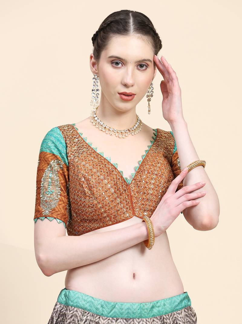 Multi Colour Embroidered Silk Traditional Lehnga Choli with Blouse Free Size