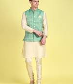 Sanwara Men Light Green Printed Straight Bandi Jacket with Kurta & Churidar