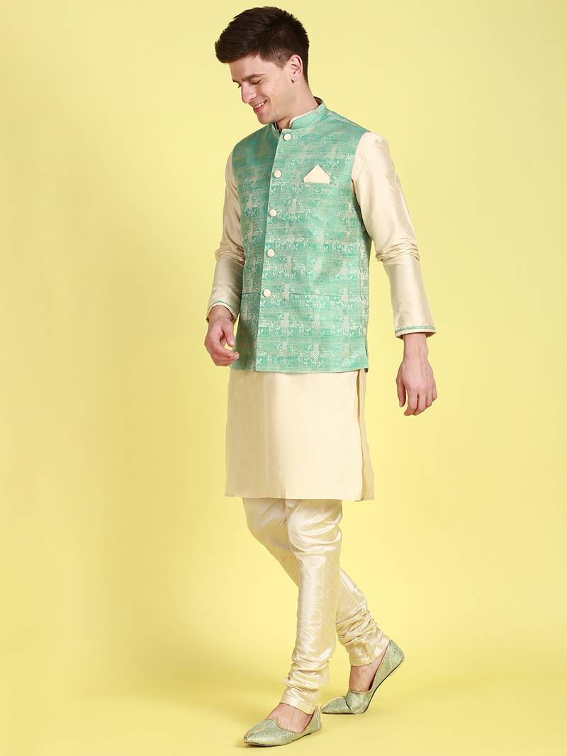 Sanwara Men Light Green Printed Straight Bandi Jacket with Kurta & Churidar