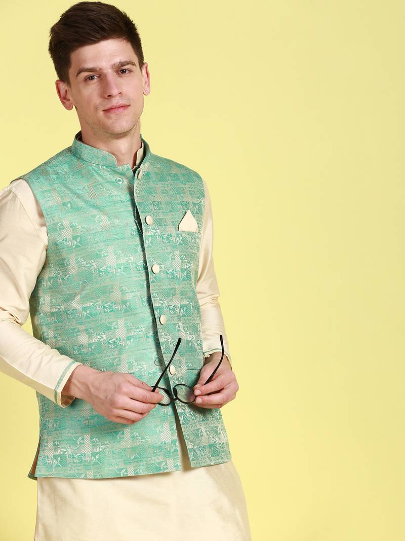 Sanwara Men Light Green Printed Straight Bandi Jacket with Kurta & Churidar