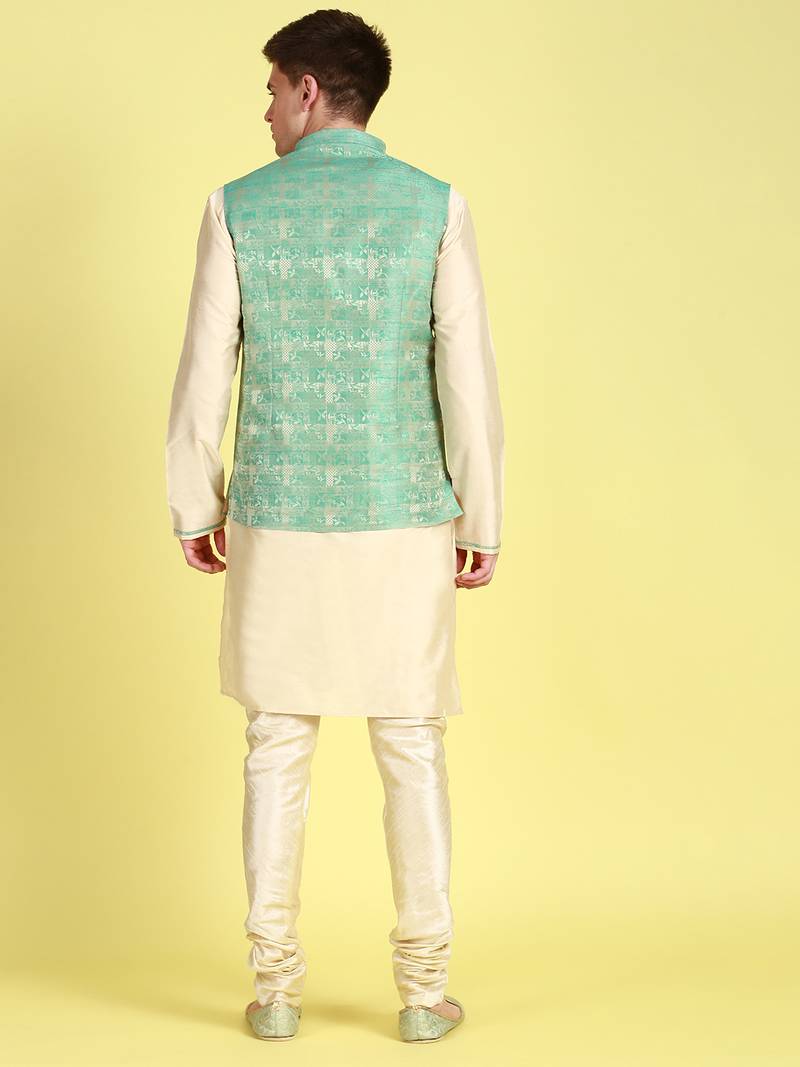 Sanwara Men Light Green Printed Straight Bandi Jacket with Kurta & Churidar