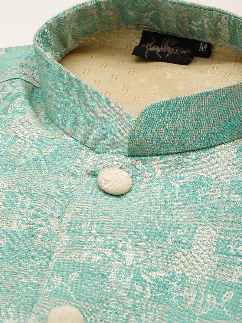 Sanwara Men Light Green Printed Straight Bandi Jacket with Kurta & Churidar