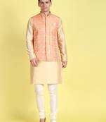 Sanwara Men Peach Printed Straight Bandi Jacket with Kurta & Churidar