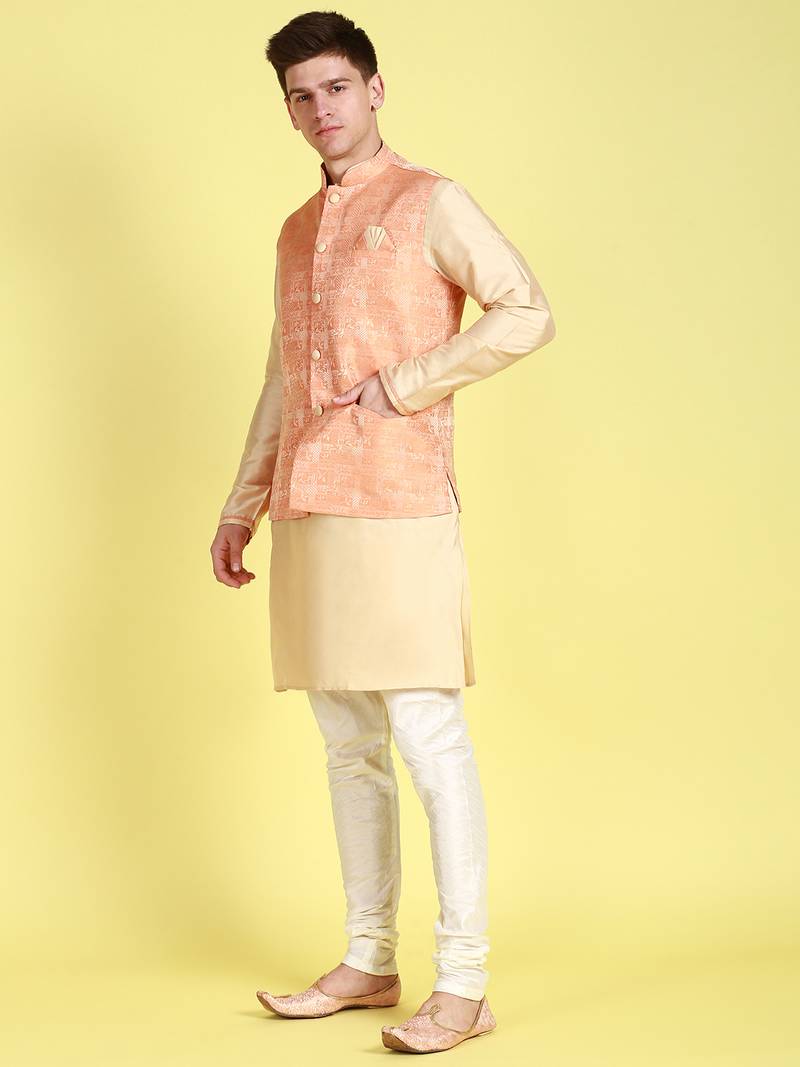 Sanwara Men Peach Printed Straight Bandi Jacket with Kurta & Churidar