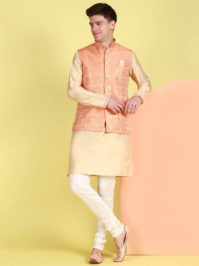 Sanwara Men Peach Printed Straight Bandi Jacket with Kurta & Churidar