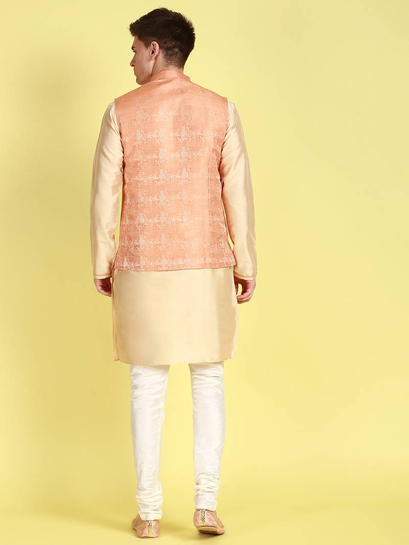 Sanwara Men Peach Printed Straight Bandi Jacket with Kurta & Churidar