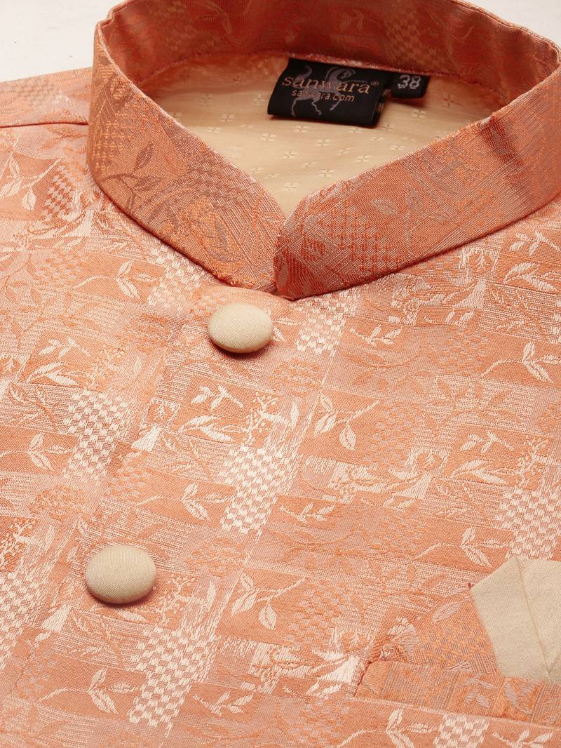 Sanwara Men Peach Printed Straight Bandi Jacket with Kurta & Churidar