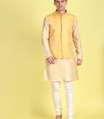 Sanwara Men Yellow Printed Straight Bandi Jacket with Kurta & Churidar
