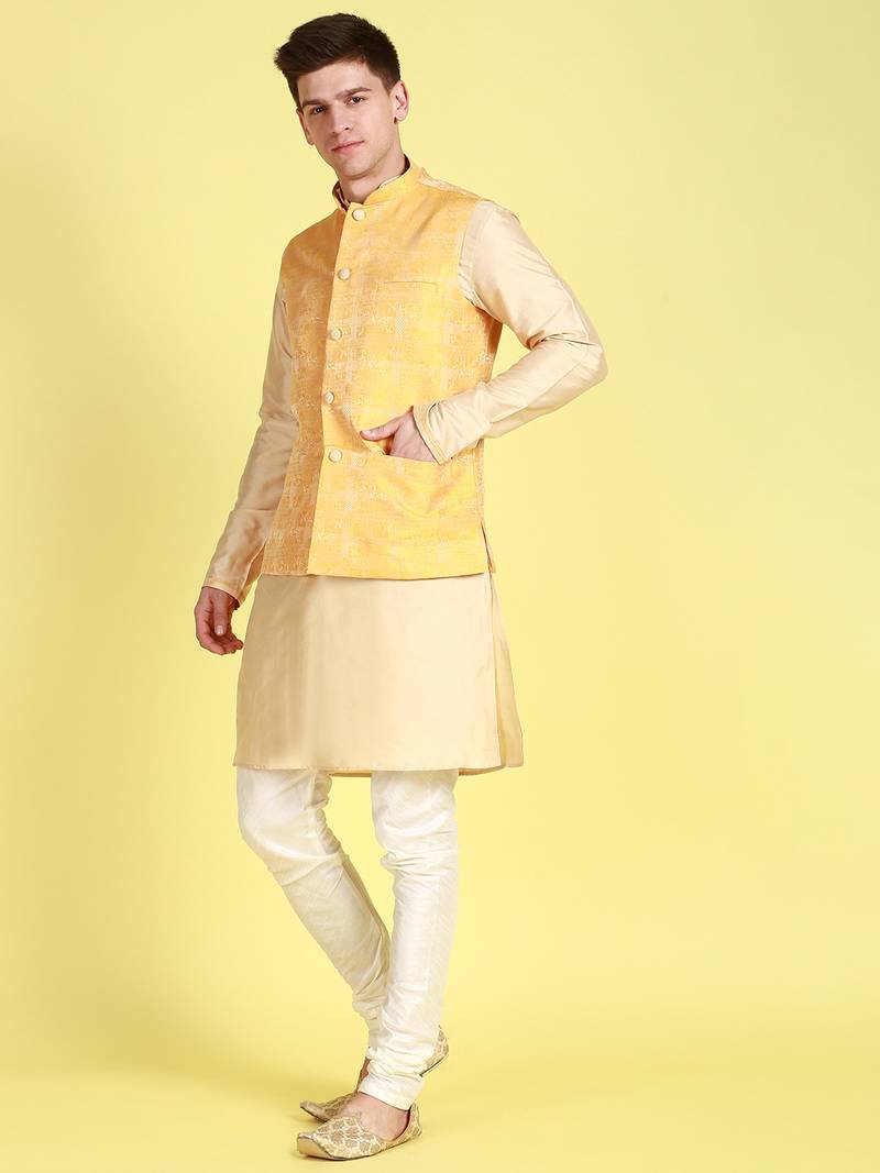 Sanwara Men Yellow Printed Straight Bandi Jacket with Kurta & Churidar