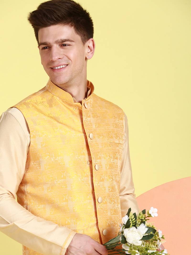 Sanwara Men Yellow Printed Straight Bandi Jacket with Kurta & Churidar