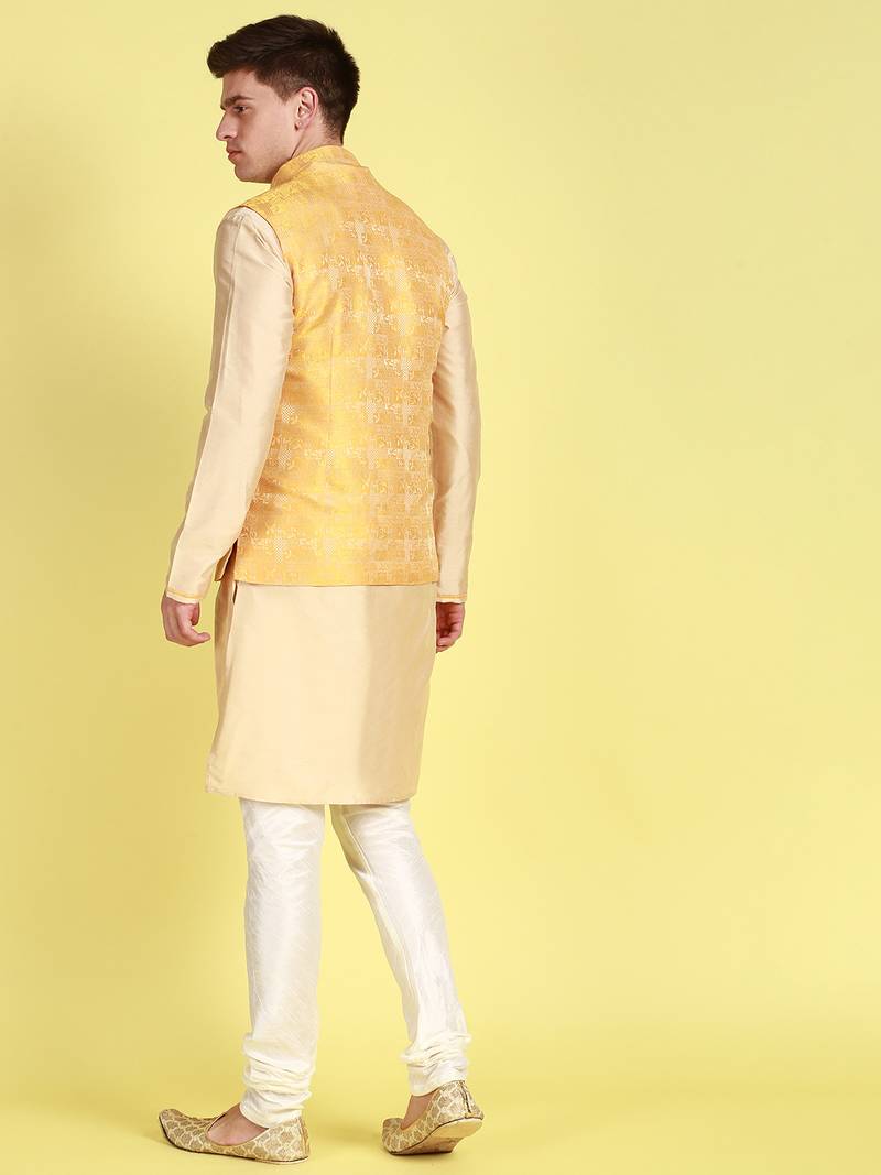 Sanwara Men Yellow Printed Straight Bandi Jacket with Kurta & Churidar