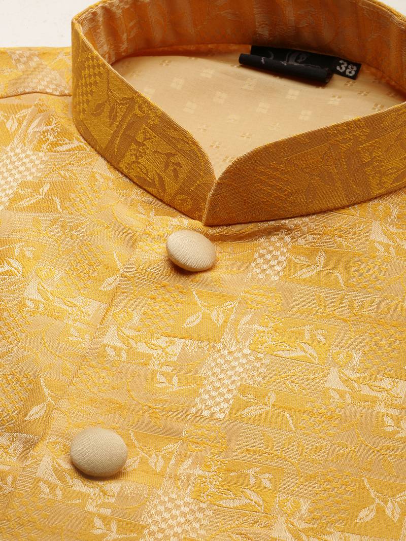 Sanwara Men Yellow Printed Straight Bandi Jacket with Kurta & Churidar