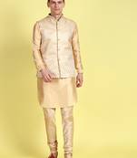Sanwara Men Deep Beige Printed Straight Bandi Jacket with Kurta & Payjama