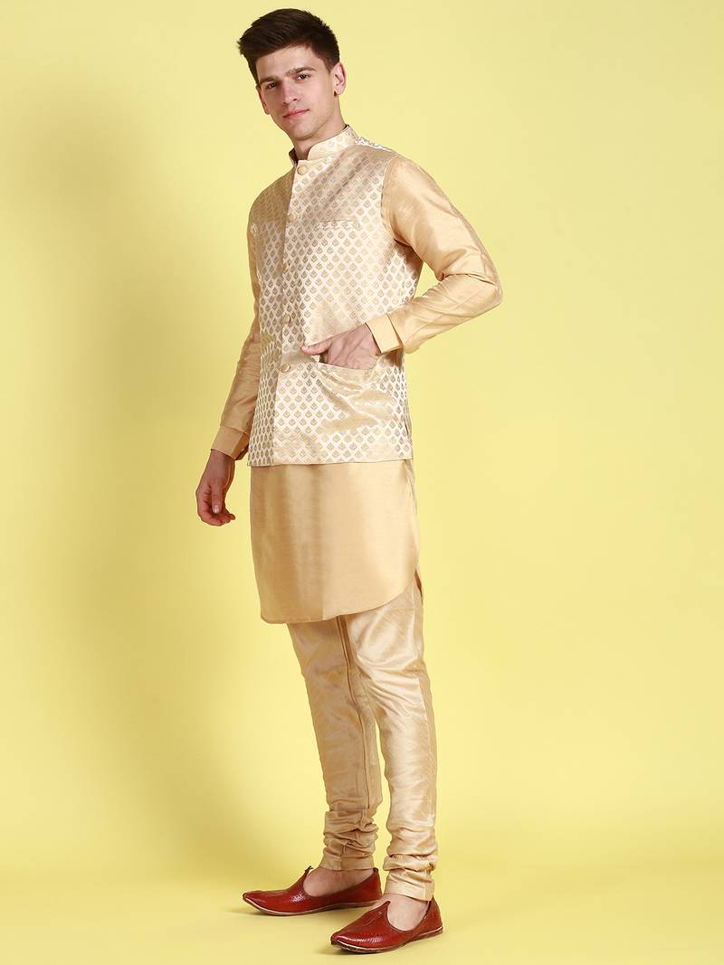 Sanwara Men Deep Beige Printed Straight Bandi Jacket with Kurta & Payjama
