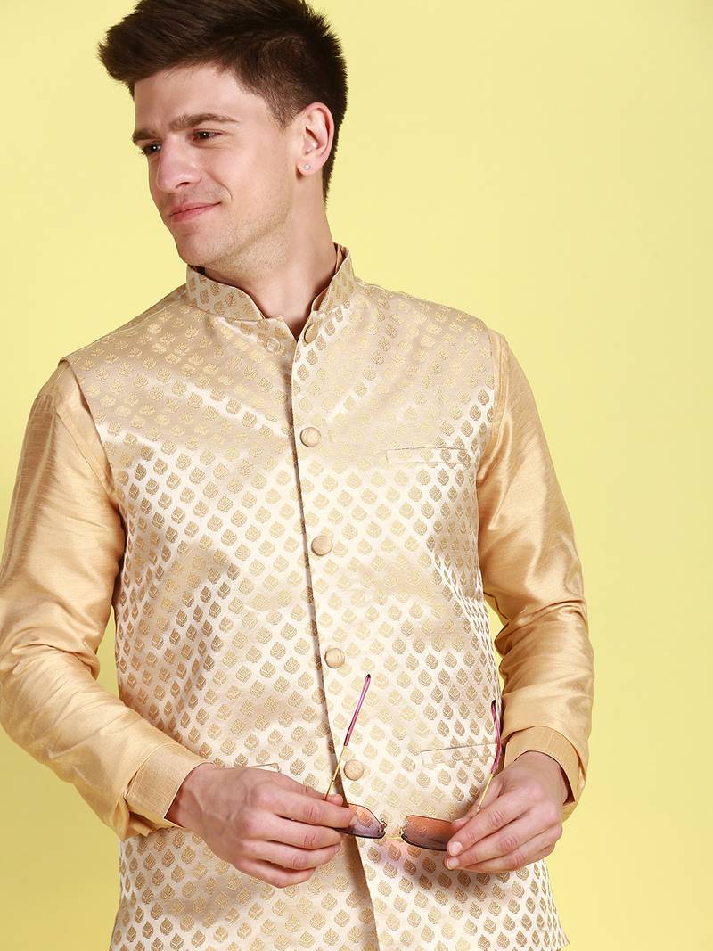 Sanwara Men Deep Beige Printed Straight Bandi Jacket with Kurta & Payjama