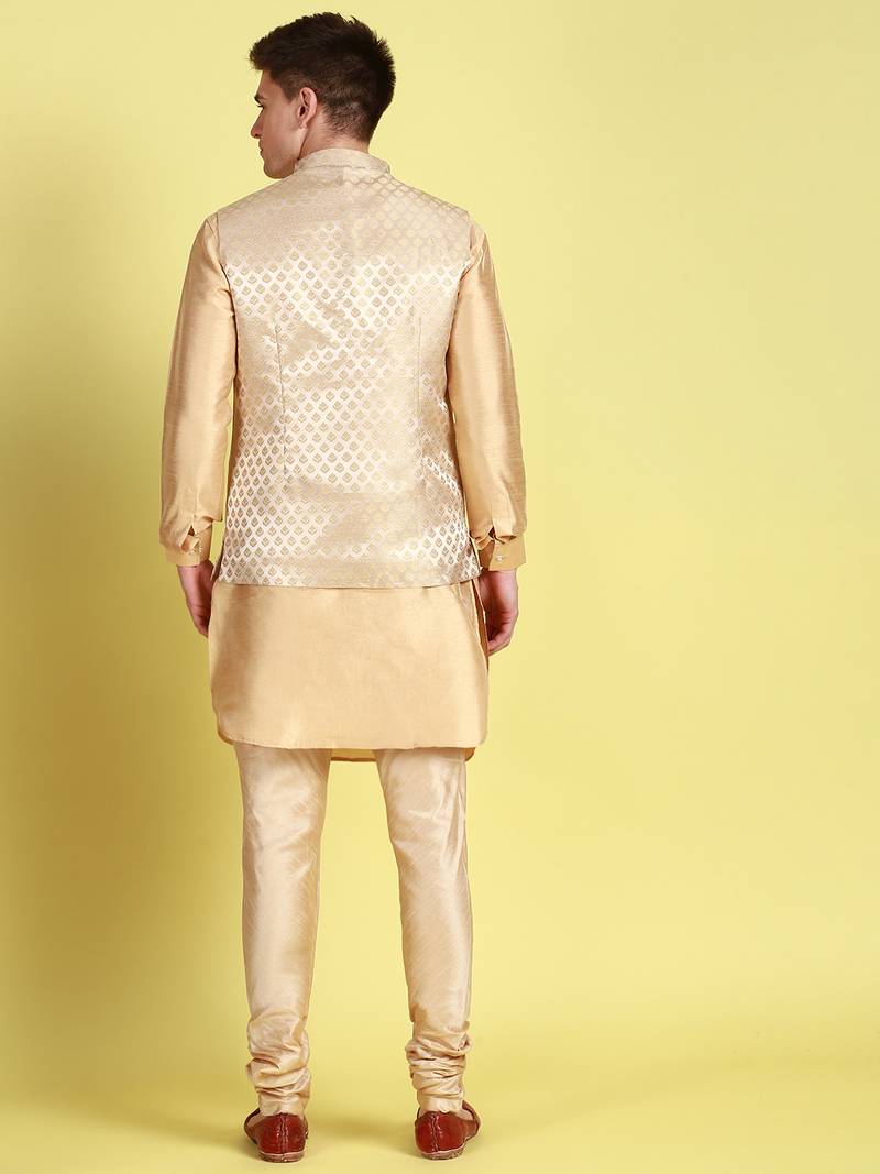 Sanwara Men Deep Beige Printed Straight Bandi Jacket with Kurta & Payjama