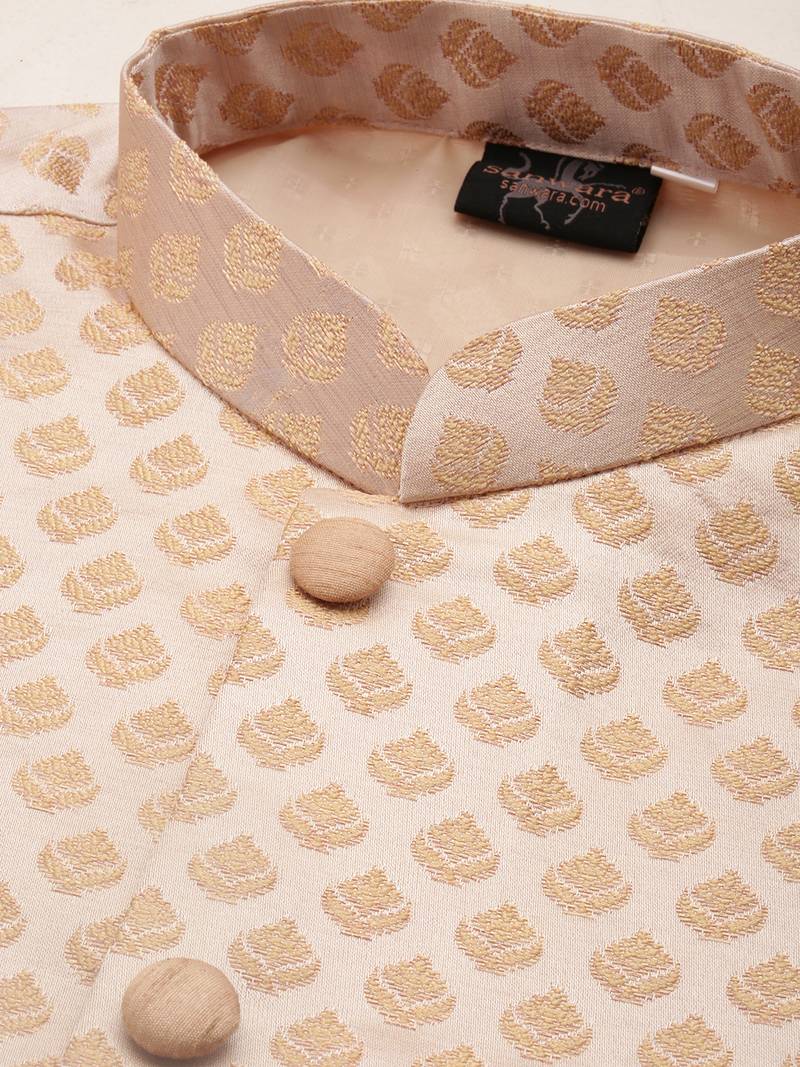 Sanwara Men Deep Beige Printed Straight Bandi Jacket with Kurta & Payjama
