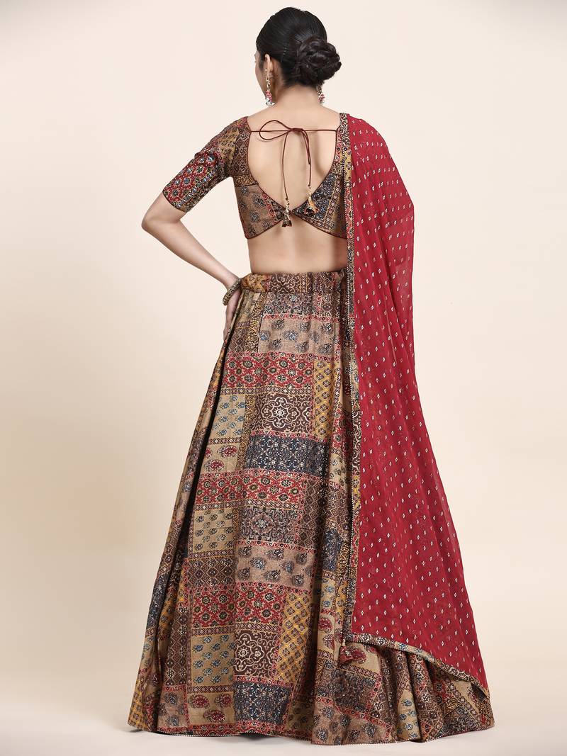 Multi Colour Embroidered Silk Traditional Lehnga Choli with Blouse Free Size