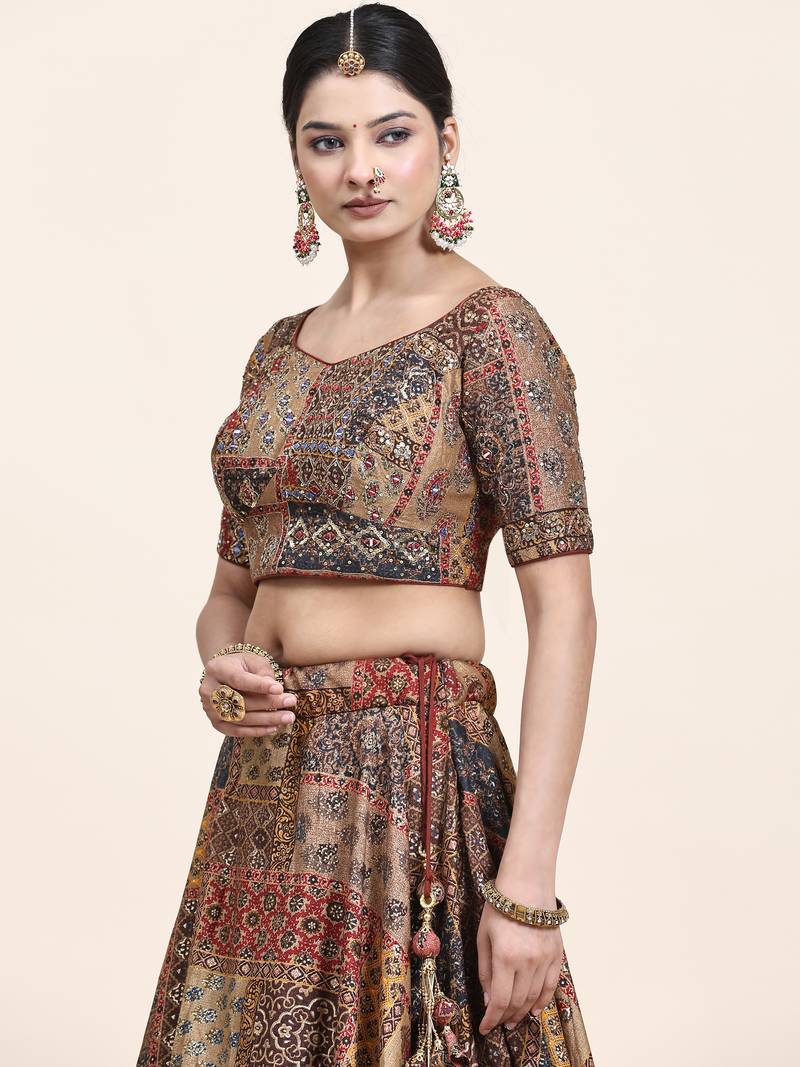 Multi Colour Embroidered Silk Traditional Lehnga Choli with Blouse Free Size