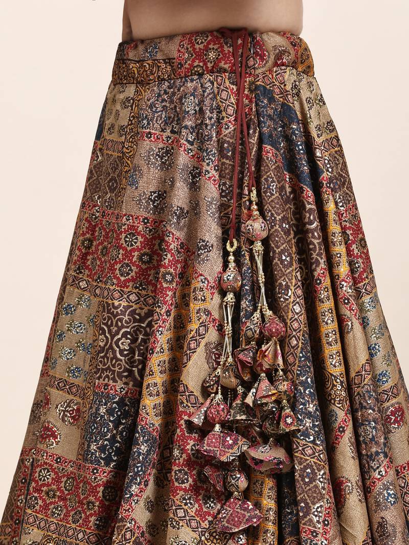 Multi Colour Embroidered Silk Traditional Lehnga Choli with Blouse Free Size