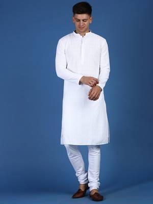 White printed cotton kurta-pajama 1