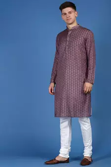 Purple printed cotton kurta-pajama