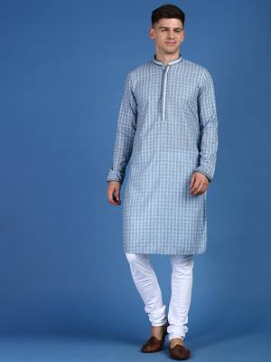 Blue printed cotton kurta-pajama 1