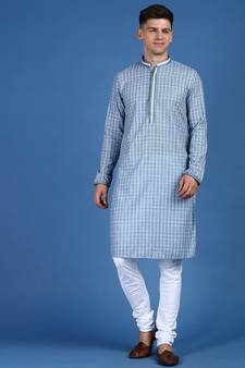 Blue printed cotton kurta-pajama