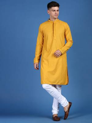 Yellow printed cotton kurta-pajama 1